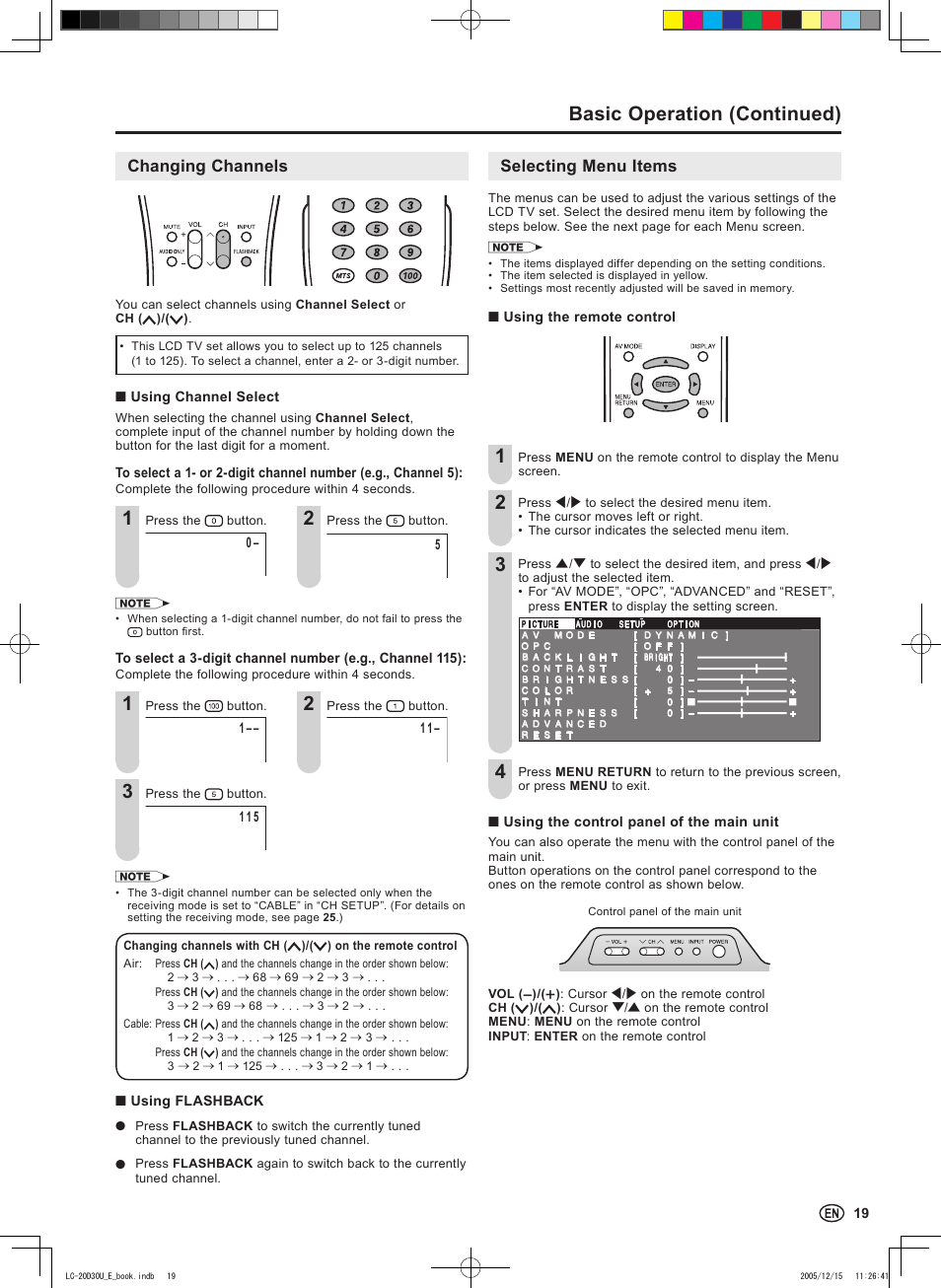 Basic operation (continued), Changing channels, Selecting menu items | Sharp Aquos LC 20D30U User Manual | Page 21 / 45