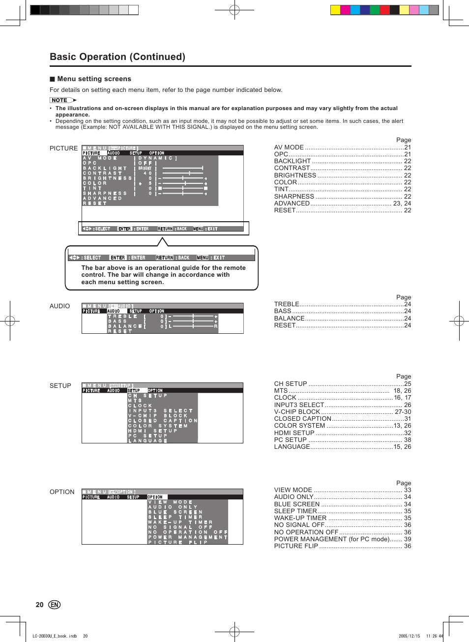 Basic operation (continued), Menu setting screens | Sharp Aquos LC 20D30U User Manual | Page 22 / 45