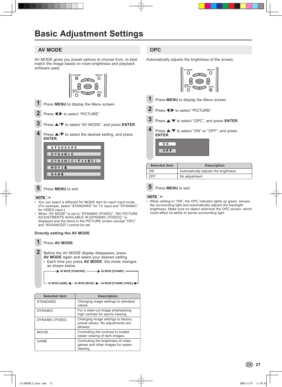 Basic adjustment settings, Av mode | Sharp Aquos LC 20D30U User Manual | Page 23 / 45