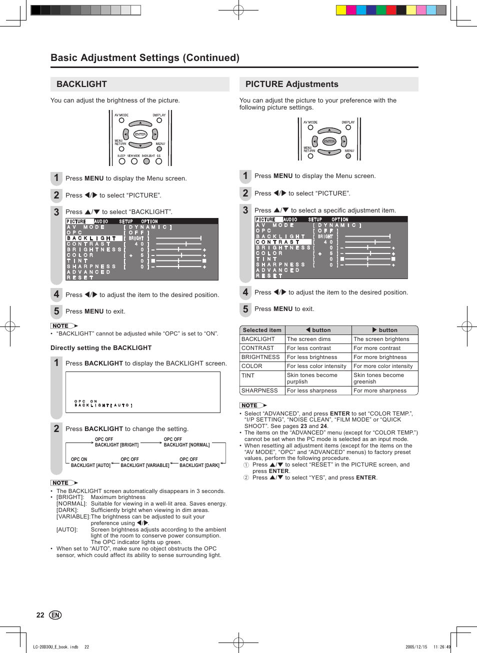 Basic adjustment settings (continued), Backlight, Picture adjustments | Sharp Aquos LC 20D30U User Manual | Page 24 / 45