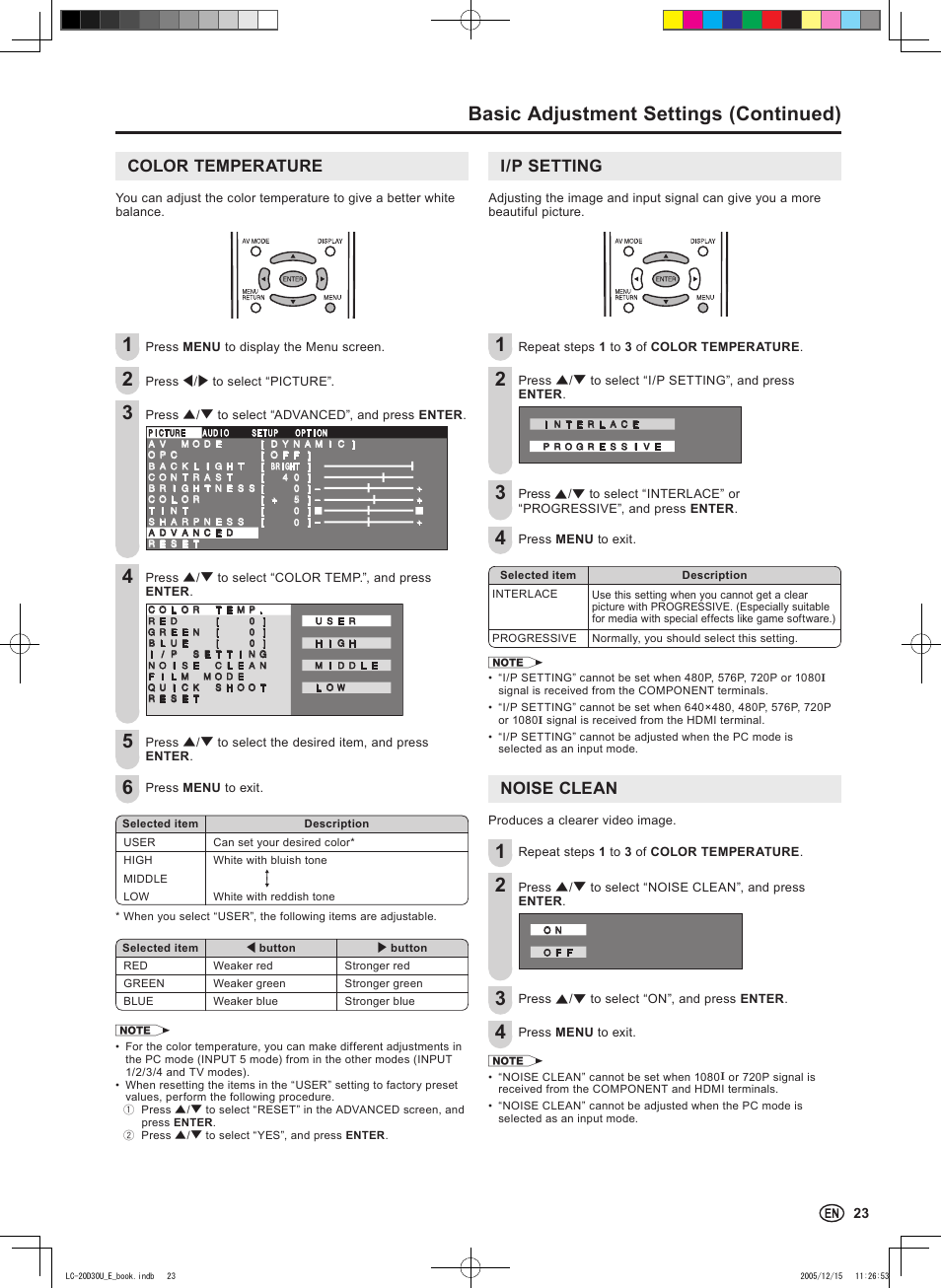 Basic adjustment settings (continued), Color temperature, I/p setting | Noise clean | Sharp Aquos LC 20D30U User Manual | Page 25 / 45