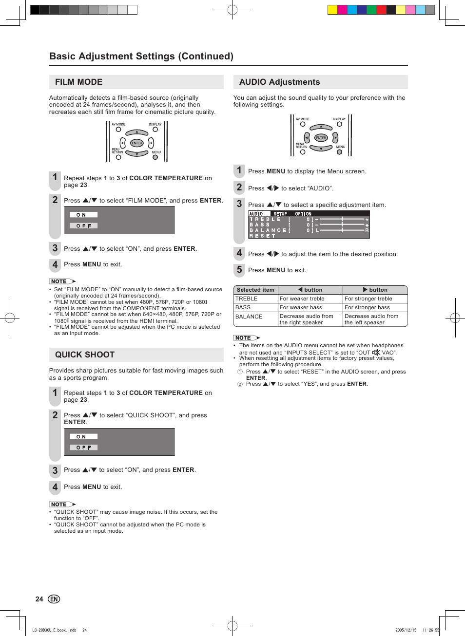 Basic adjustment settings (continued), Audio adjustments, Film mode | Quick shoot | Sharp Aquos LC 20D30U User Manual | Page 26 / 45