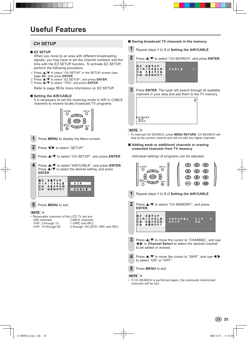 Useful features, Ch setup | Sharp Aquos LC 20D30U User Manual | Page 27 / 45