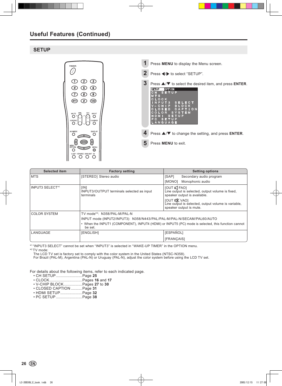 Useful features (continued), Setup | Sharp Aquos LC 20D30U User Manual | Page 28 / 45