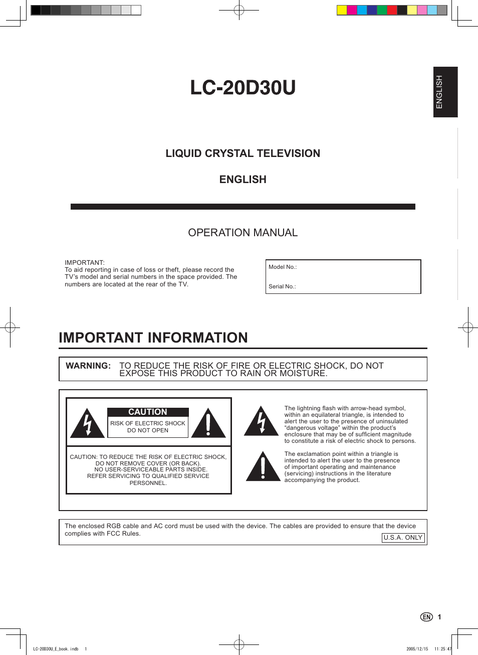 Important information, Liquid crystal television operation manual, English | Sharp Aquos LC 20D30U User Manual | Page 3 / 45