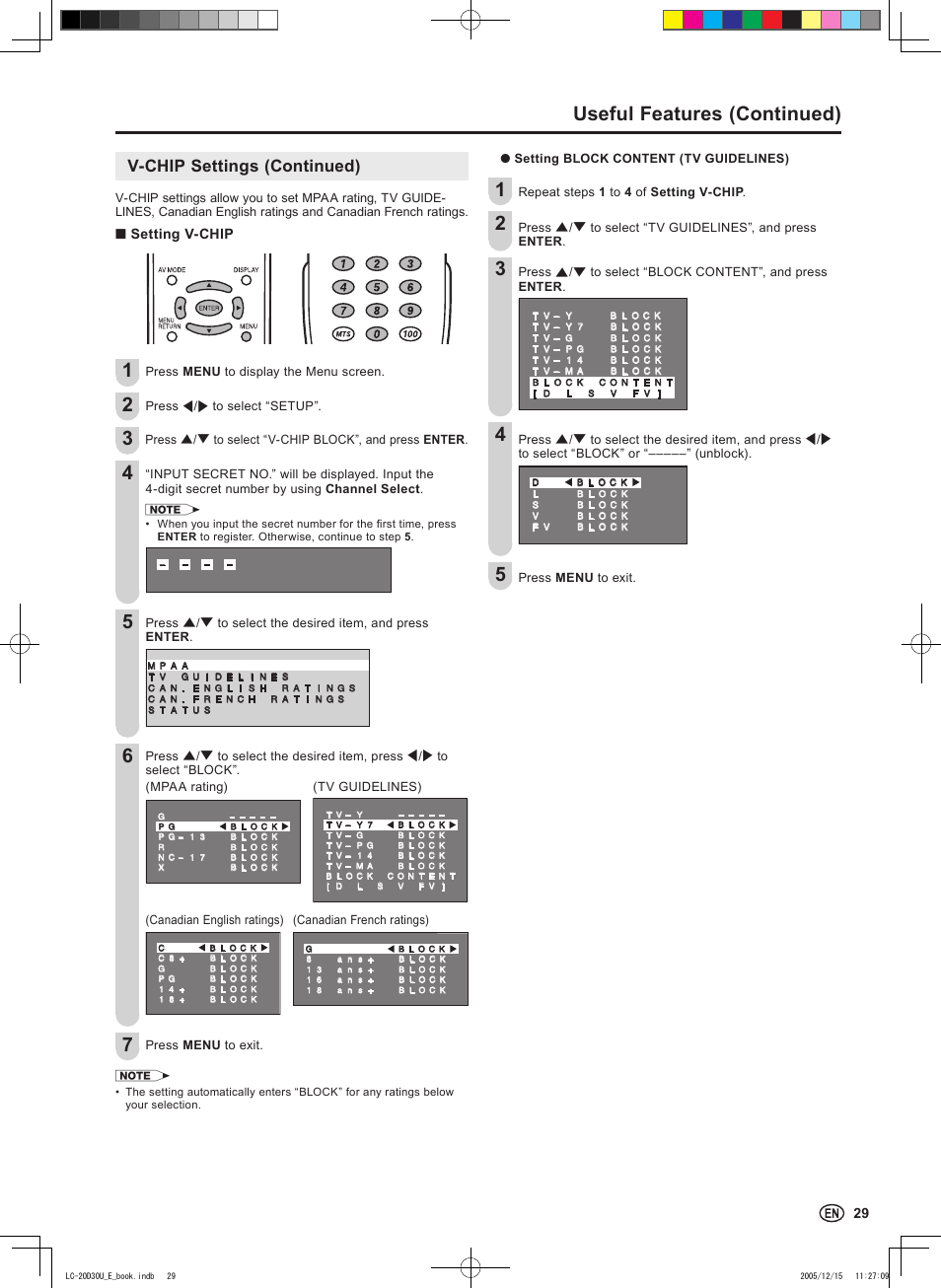 Useful features (continued), V-chip settings (continued) | Sharp Aquos LC 20D30U User Manual | Page 31 / 45