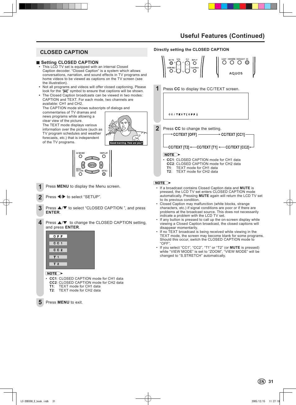 Useful features (continued), Closed caption | Sharp Aquos LC 20D30U User Manual | Page 33 / 45