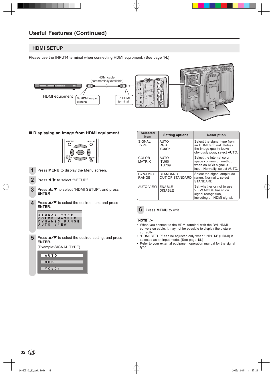 Useful features (continued), Hdmi setup | Sharp Aquos LC 20D30U User Manual | Page 34 / 45