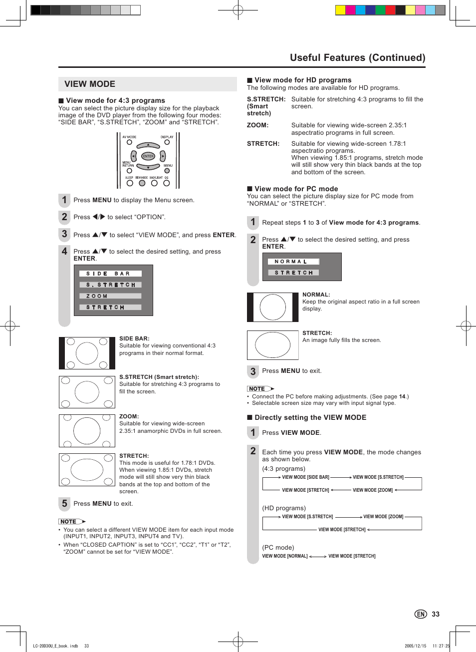 Useful features (continued), View mode | Sharp Aquos LC 20D30U User Manual | Page 35 / 45