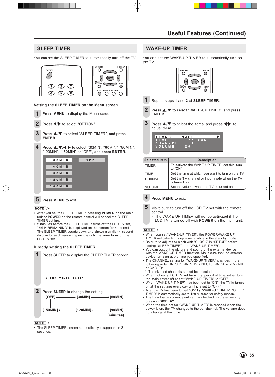 Useful features (continued), Sleep timer, Wake-up timer | Sharp Aquos LC 20D30U User Manual | Page 37 / 45