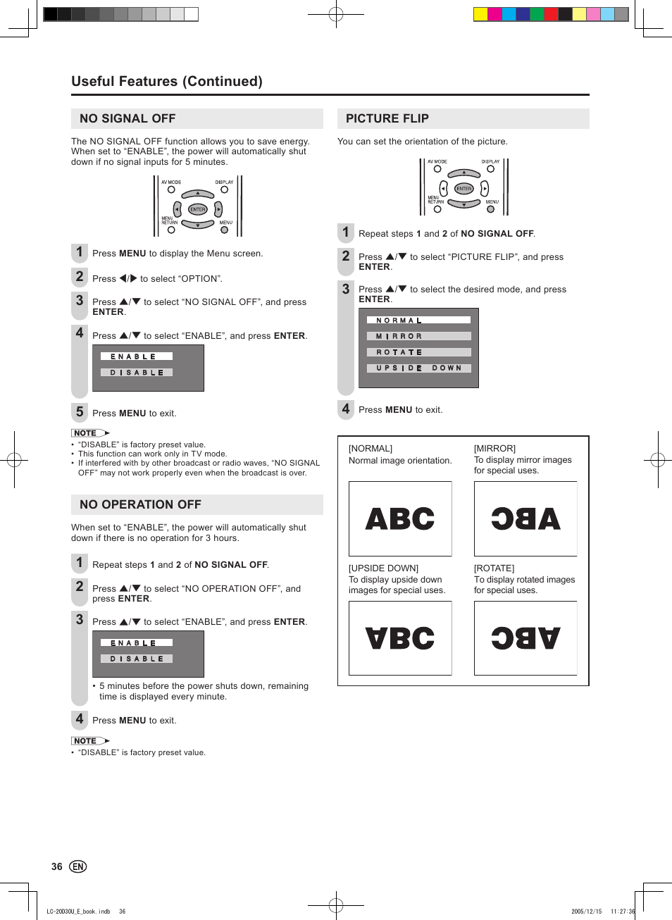 Useful features (continued), No signal off, No operation off | Picture flip | Sharp Aquos LC 20D30U User Manual | Page 38 / 45