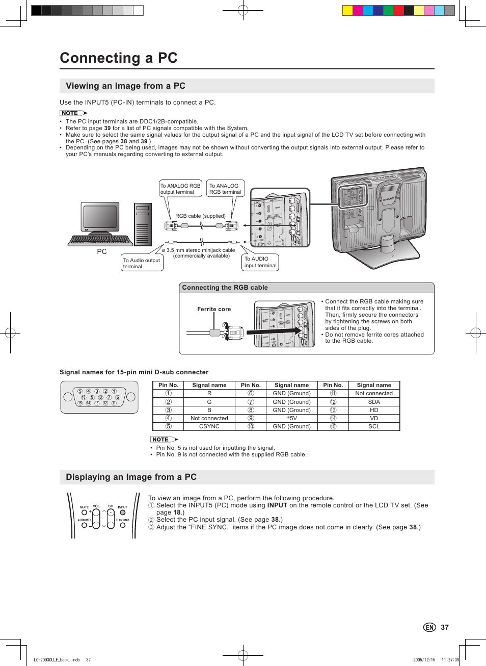 Connecting a pc, Viewing an image from a pc, Displaying an image from a pc | Sharp Aquos LC 20D30U User Manual | Page 39 / 45