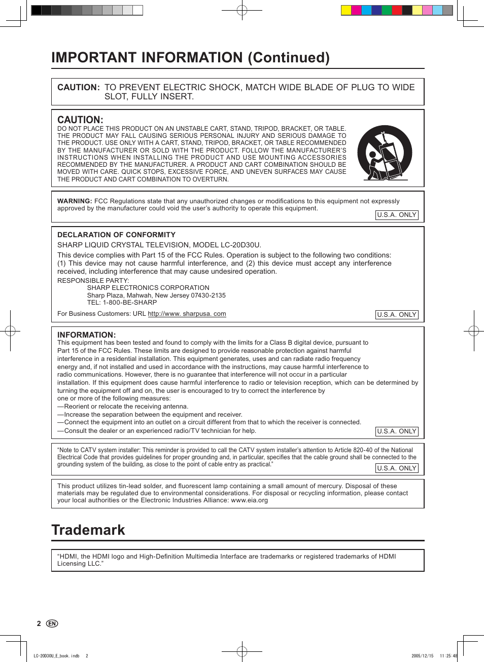 Important information (continued), Trademark, Caution | Sharp Aquos LC 20D30U User Manual | Page 4 / 45