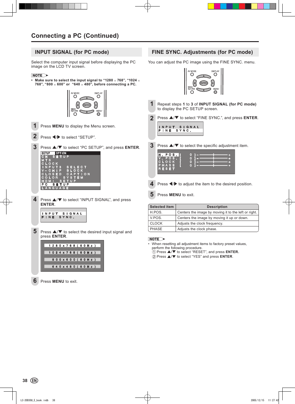 Connecting a pc (continued), Input signal (for pc mode), Fine sync. adjustments (for pc mode) | Sharp Aquos LC 20D30U User Manual | Page 40 / 45