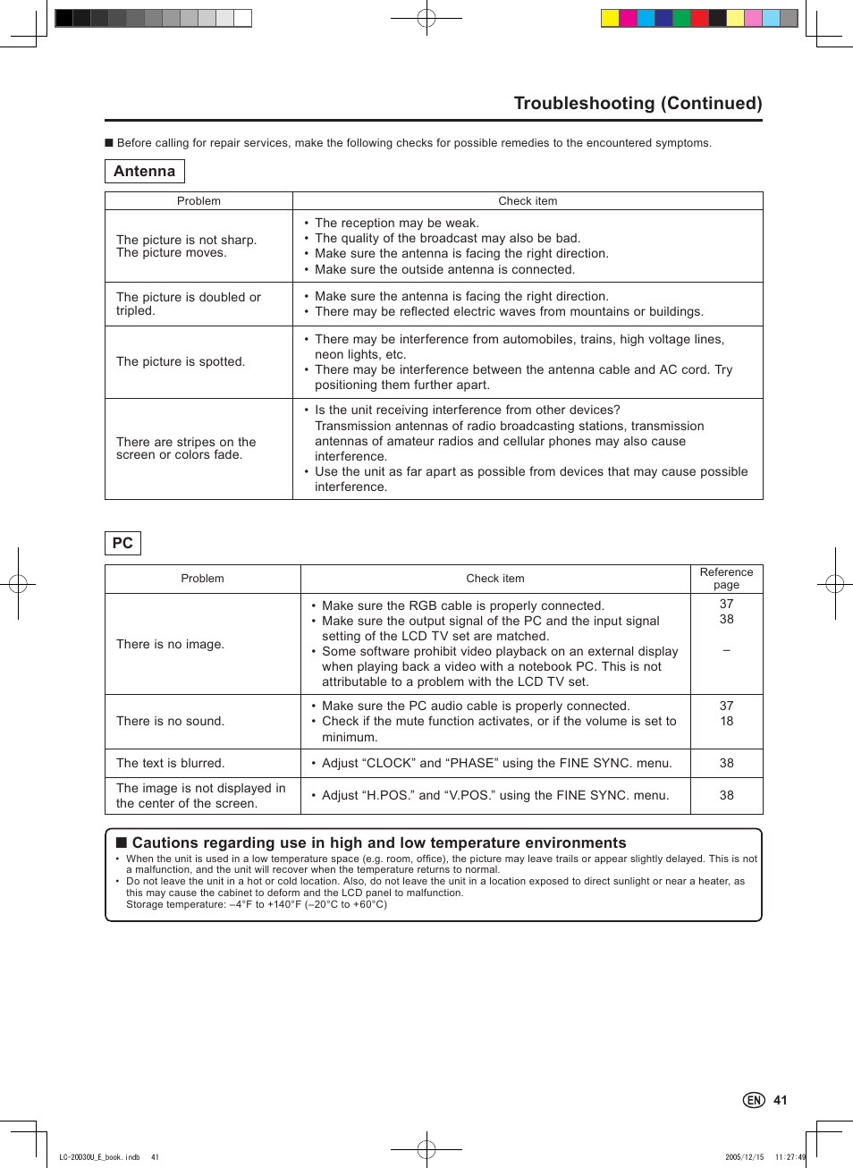 Troubleshooting (continued) | Sharp Aquos LC 20D30U User Manual | Page 43 / 45