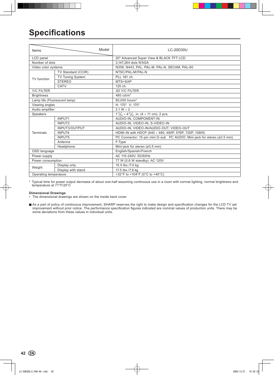 Speciﬁcations | Sharp Aquos LC 20D30U User Manual | Page 44 / 45