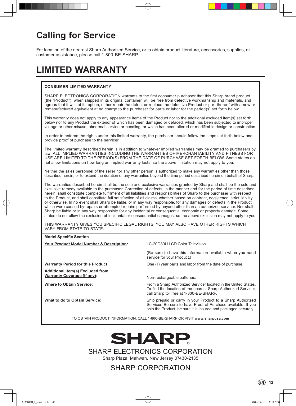 Calling for service, Limited warranty, Sharp corporation | Sharp electronics corporation | Sharp Aquos LC 20D30U User Manual | Page 45 / 45