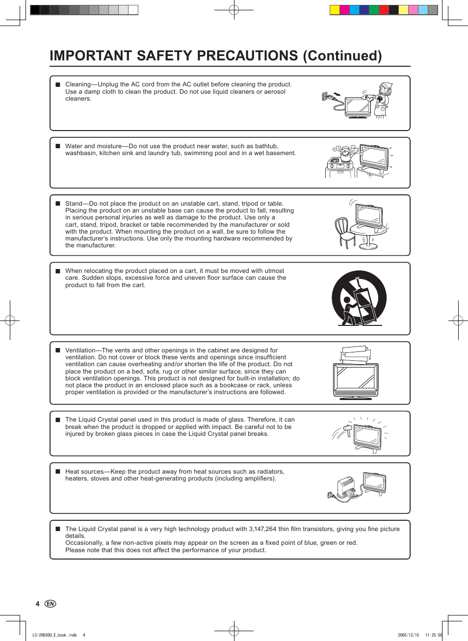 Important safety precautions (continued) | Sharp Aquos LC 20D30U User Manual | Page 6 / 45