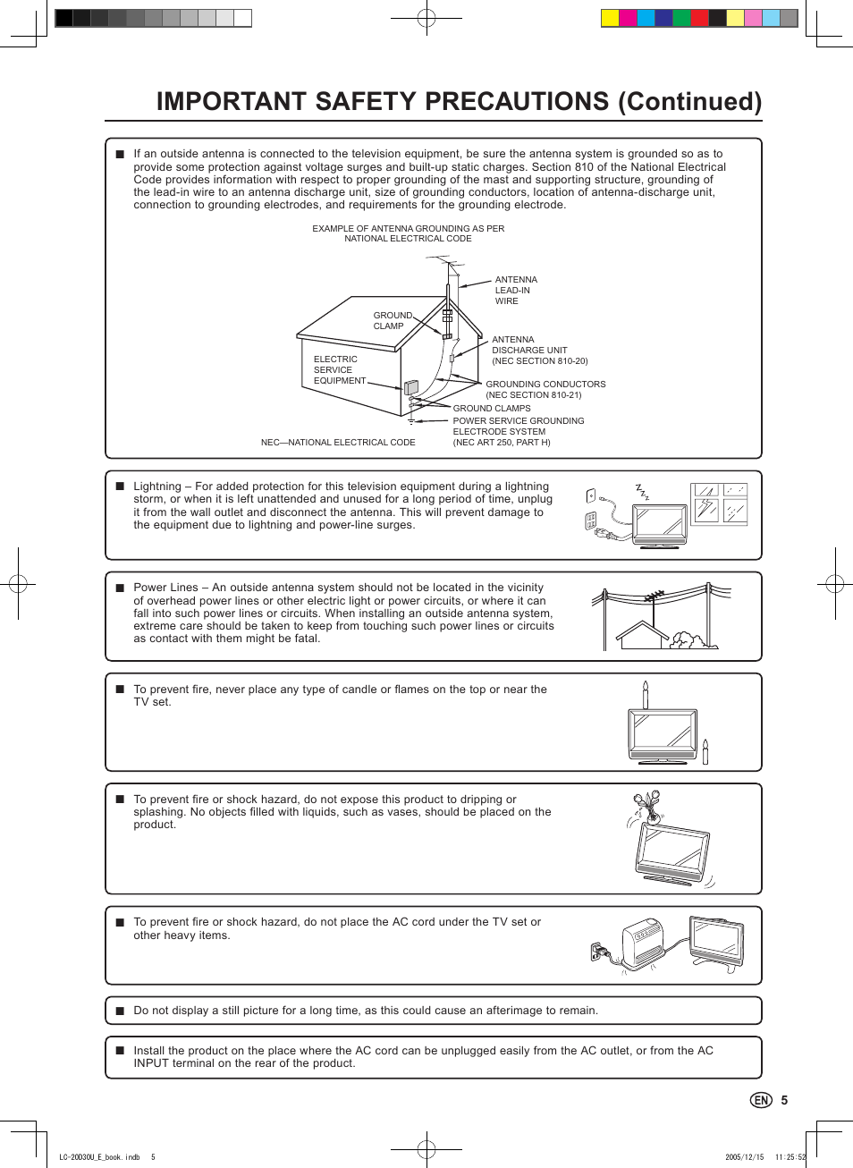 Important safety precautions (continued) | Sharp Aquos LC 20D30U User Manual | Page 7 / 45