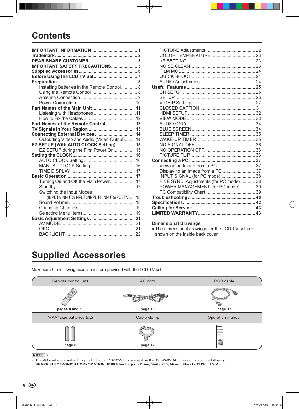 Supplied accessories contents | Sharp Aquos LC 20D30U User Manual | Page 8 / 45