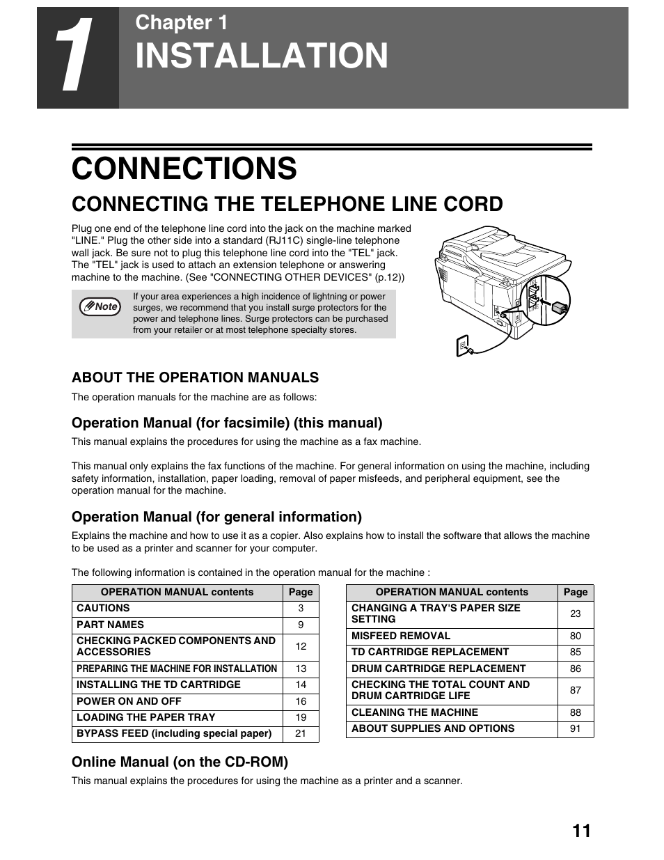 Installation, Connections, Chapter 1 | Connecting the telephone line cord | Sharp AL-1661CS User Manual | Page 15 / 100