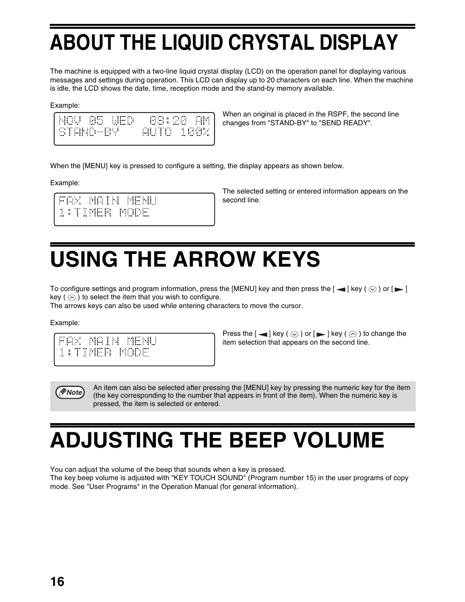 About the liquid crystal display, Using the arrow keys, Adjusting the beep volume | Sharp AL-1661CS User Manual | Page 20 / 100
