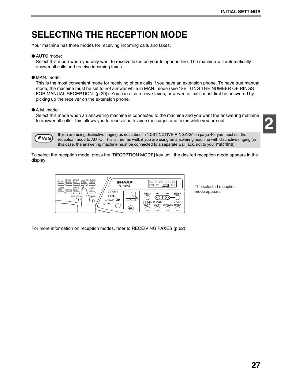 Selecting the reception mode | Sharp AL-1661CS User Manual | Page 31 / 100