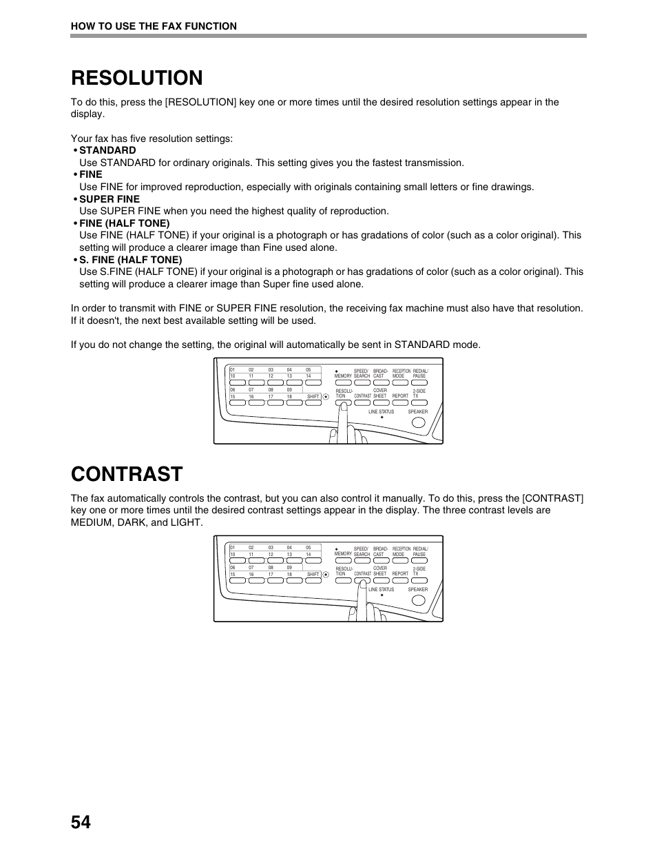 Resolution, Contrast, How to use the fax function | Sharp AL-1661CS User Manual | Page 58 / 100