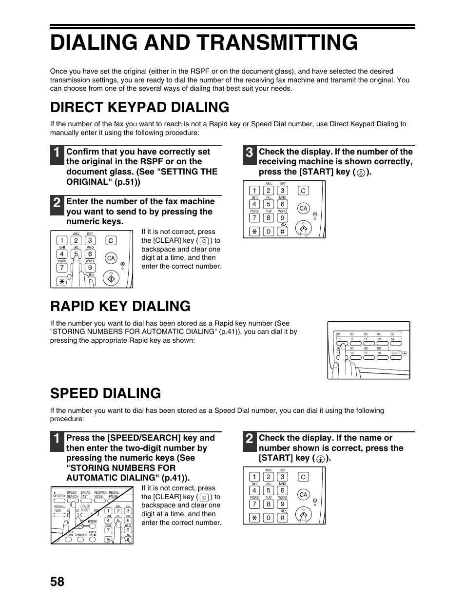 Dialing and transmitting, Direct keypad dialing, Rapid key dialing | Speed dialing | Sharp AL-1661CS User Manual | Page 62 / 100