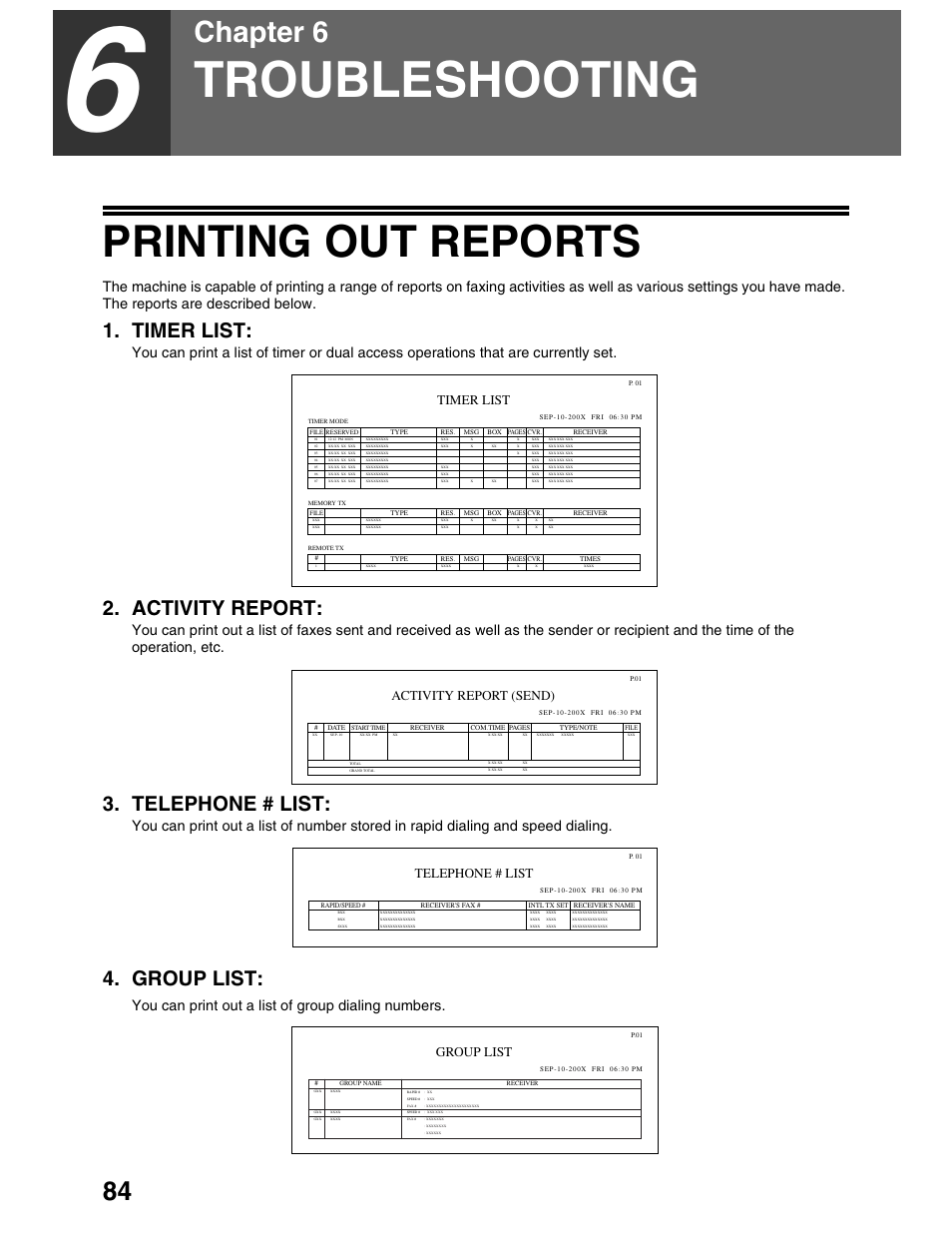 Troubleshooting, Printing out reports, Chapter 6 | Timer list, Activity report, Telephone # list, Group list, You can print out a list of group dialing numbers, Activity report (send) | Sharp AL-1661CS User Manual | Page 88 / 100