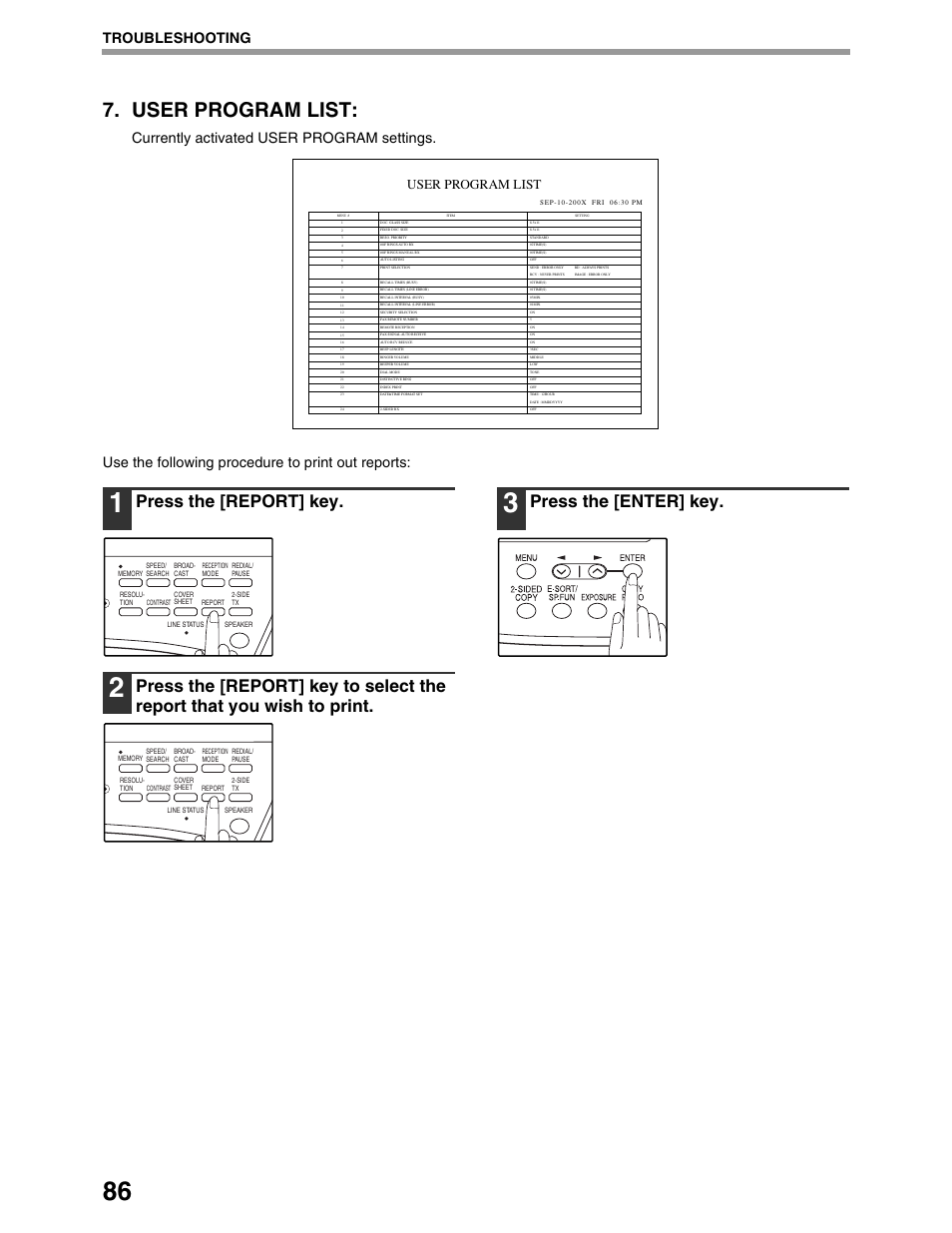 User program list, Press the [report] key, Press the [enter] key | Troubleshooting | Sharp AL-1661CS User Manual | Page 90 / 100