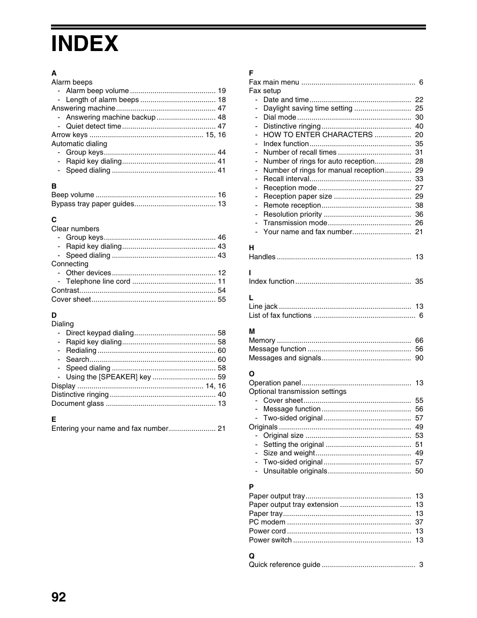 Index | Sharp AL-1661CS User Manual | Page 96 / 100