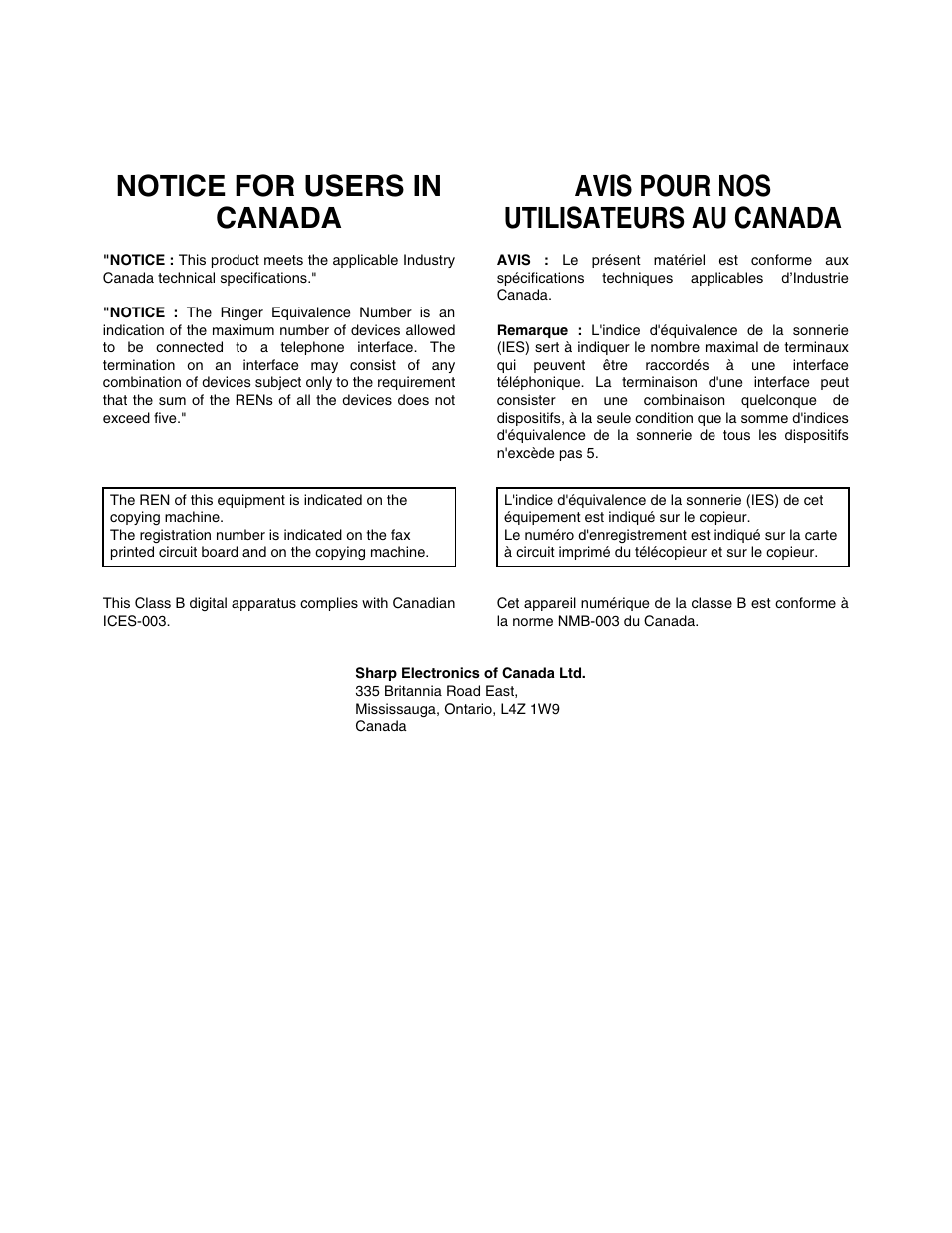 Notice for users in canada, Avis pour nos utilisateurs au canada | Sharp AL-1661CS User Manual | Page 99 / 100