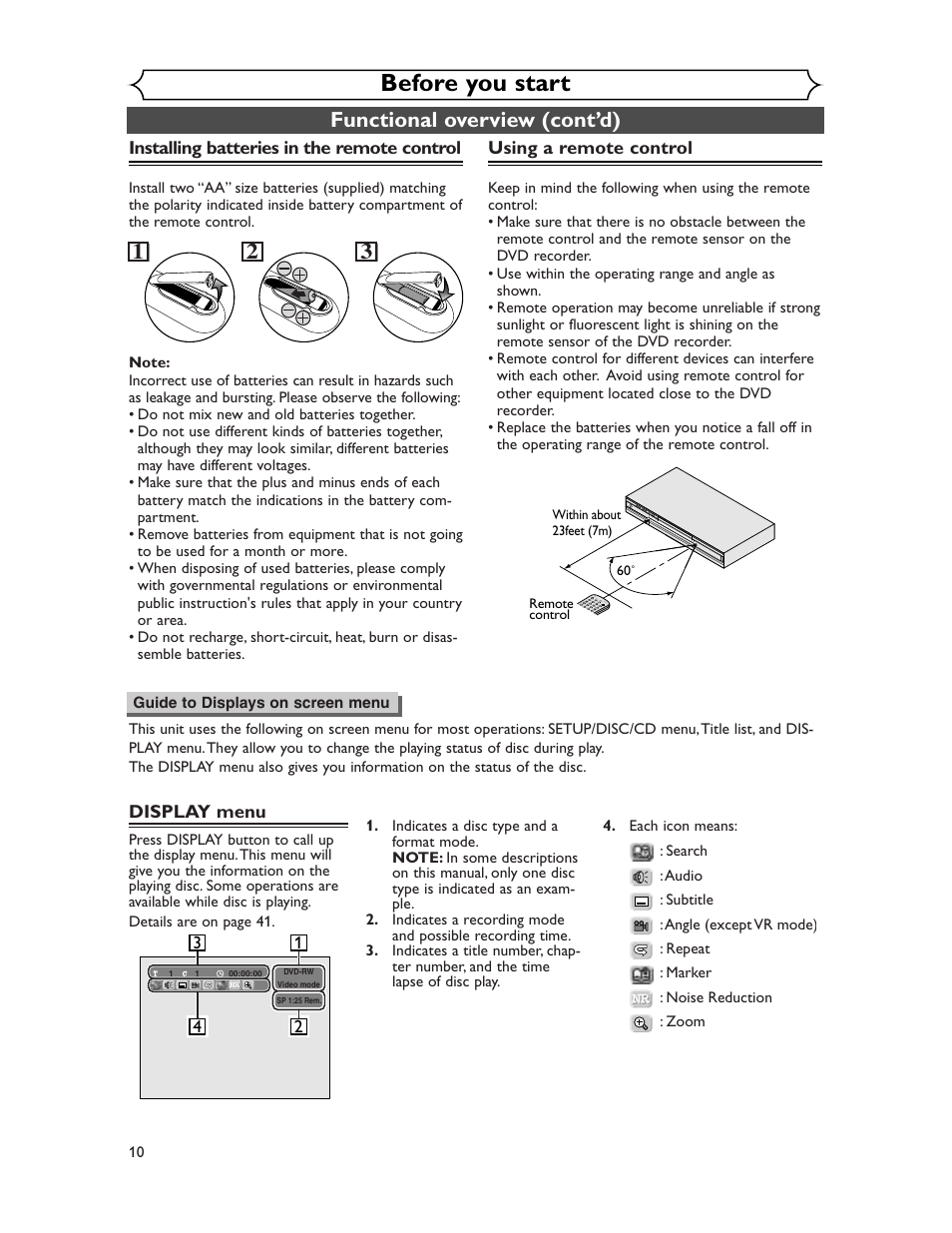 Before you start, Functional overview (cont’d), Display menu | Using a remote control, Installing batteries in the remote control | Sharp DV-SR45U User Manual | Page 10 / 102