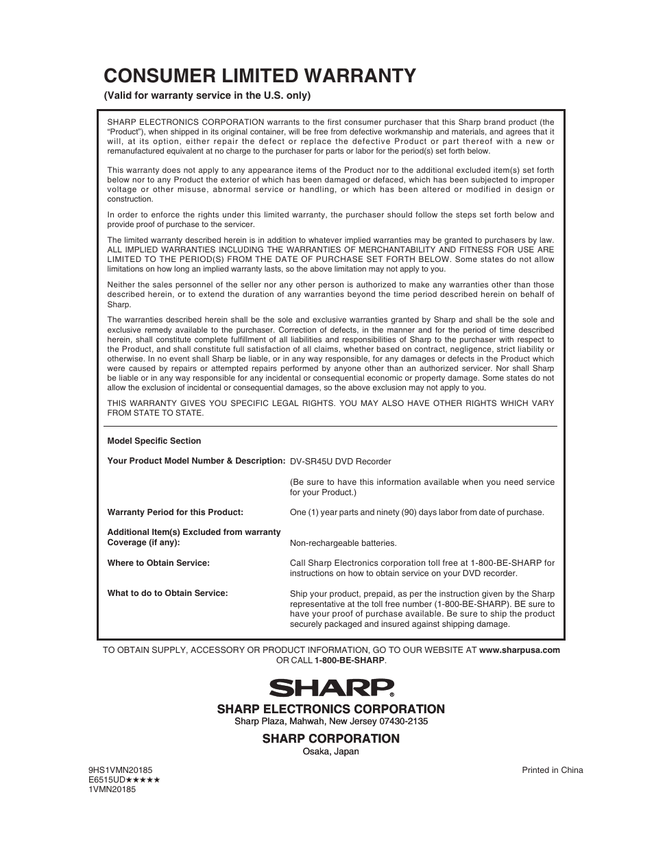 Consumer limited warranty, Sharp electronics corporation, Sharp corporation sharp electronics corporation | Sharp corporation | Sharp DV-SR45U User Manual | Page 102 / 102