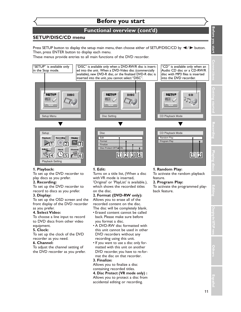 Before you start, Functional overview (cont’d), Setup/disc/cd menu | Sharp DV-SR45U User Manual | Page 11 / 102