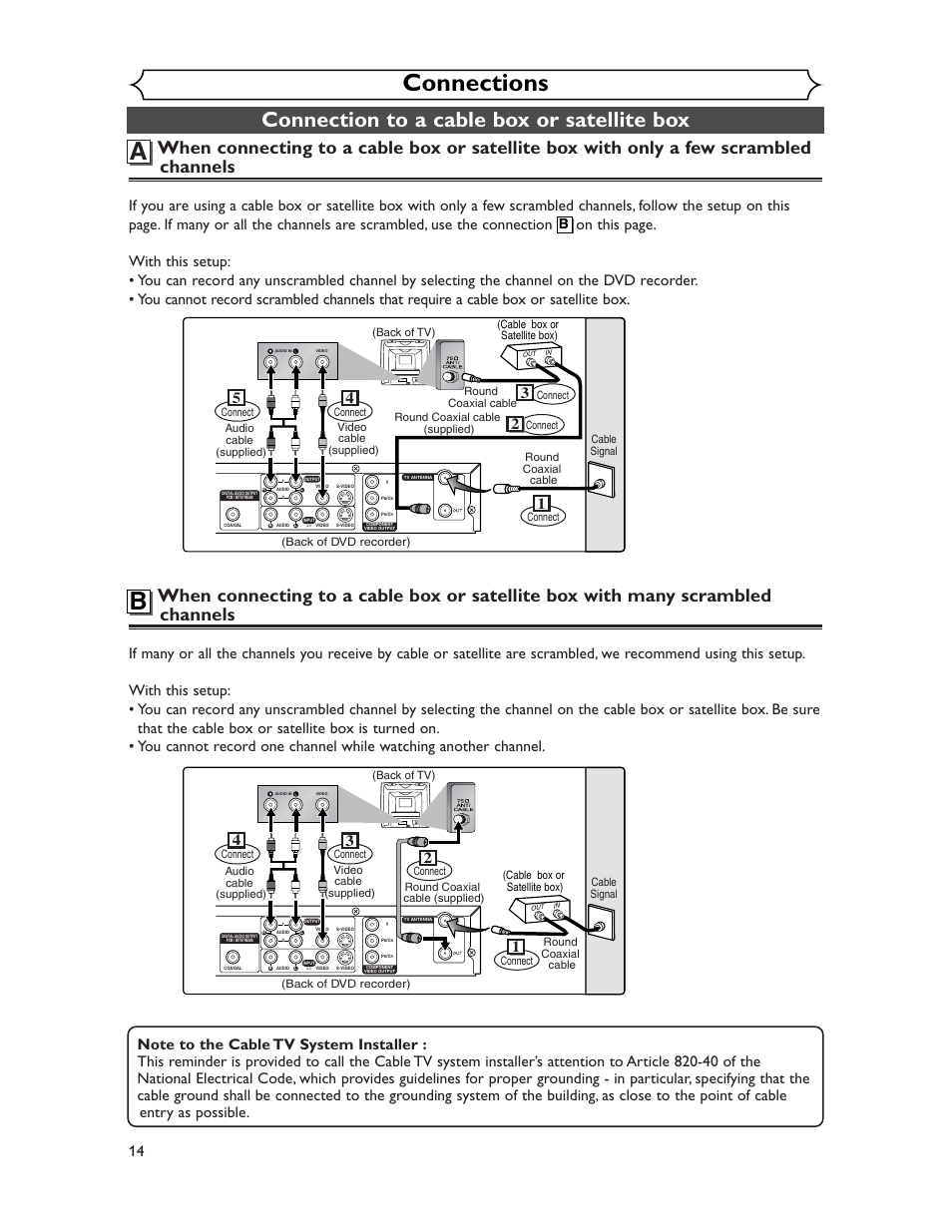 Connections, Connection to a cable box or satellite box | Sharp DV-SR45U User Manual | Page 14 / 102