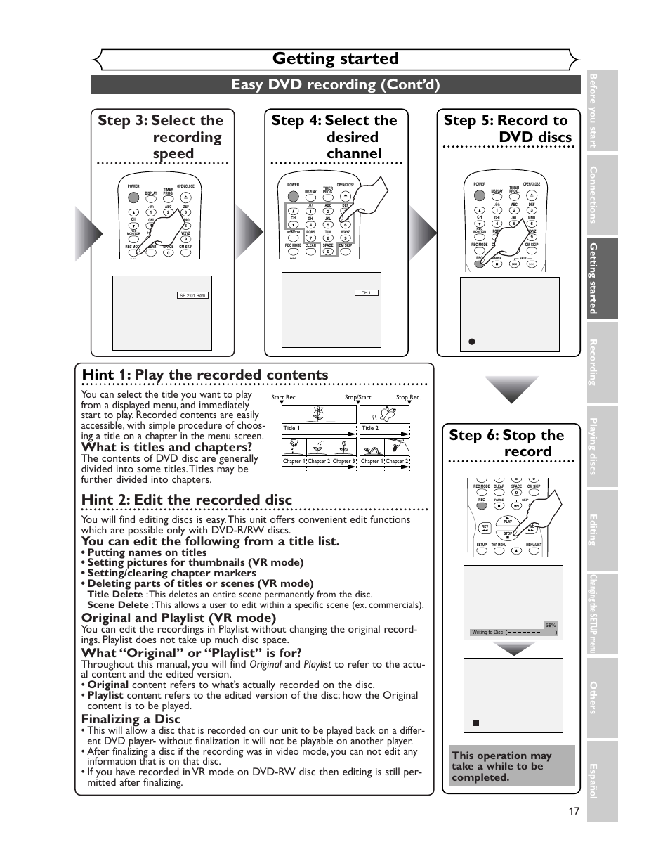 Getting started, Easy dvd recording (cont’d), Step 3: select the recording speed | Step 5: record to dvd discs, Step 4: select the desired channel, Step 6: stop the record, Hint 1: play the recorded contents, Hint 2: edit the recorded disc, What is titles and chapters, You can edit the following from a title list | Sharp DV-SR45U User Manual | Page 17 / 102