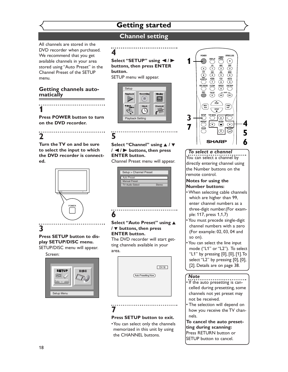 Getting started, Channel setting, Getting channels auto- matically | Press power button to turn on the dvd recorder | Sharp DV-SR45U User Manual | Page 18 / 102