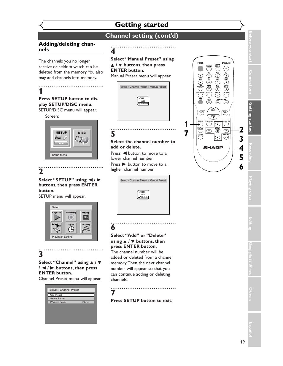 Getting started, Channel setting (cont’d), Adding/deleting chan- nels | Press setup button to exit | Sharp DV-SR45U User Manual | Page 19 / 102