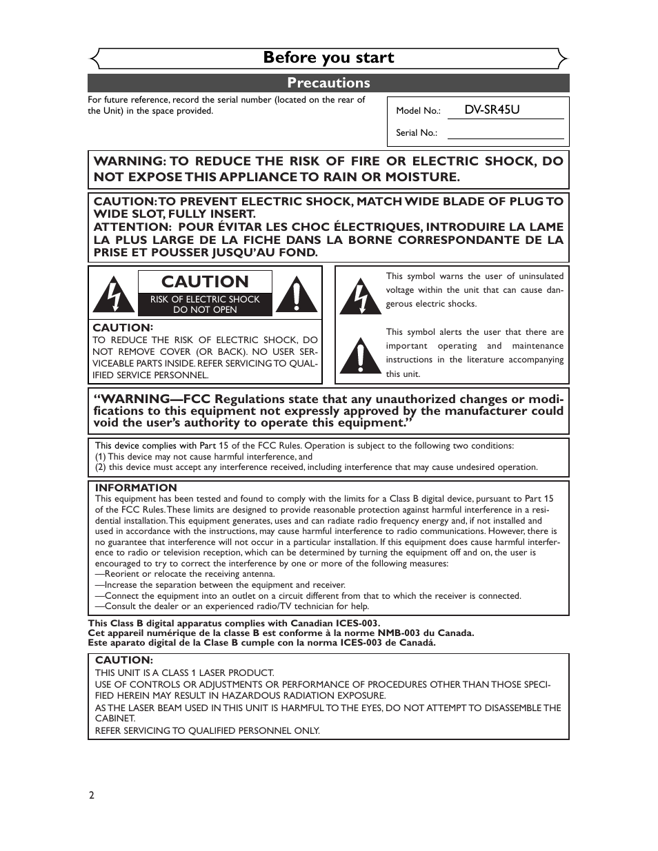 Before you start, Caution, Precautions | Sharp DV-SR45U User Manual | Page 2 / 102