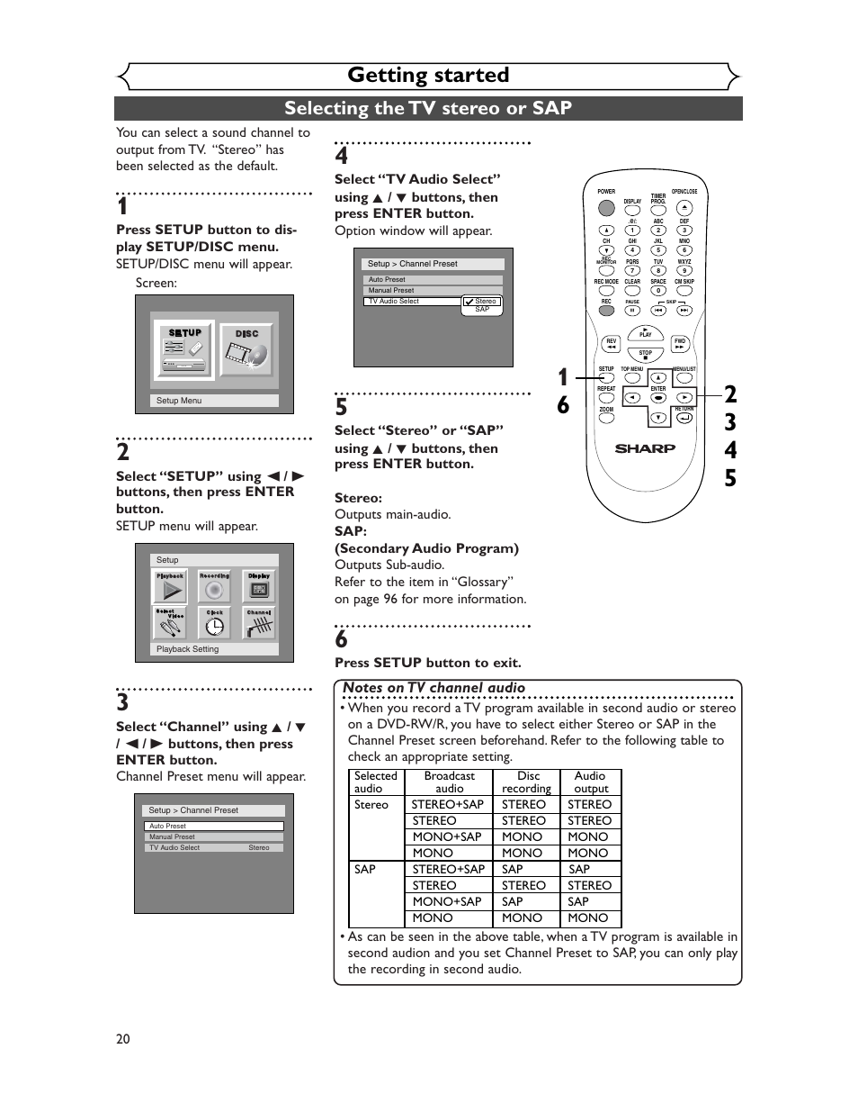 Getting started, Selecting the tv stereo or sap, Press setup button to exit | Sharp DV-SR45U User Manual | Page 20 / 102