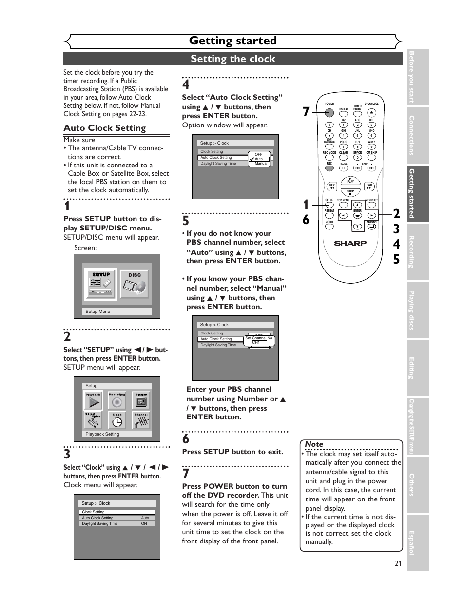 Getting started, Setting the clock, Auto clock setting | Press setup button to exit | Sharp DV-SR45U User Manual | Page 21 / 102