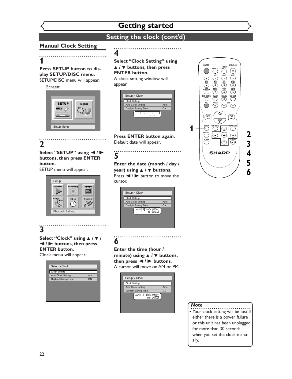 Getting started, Setting the clock (cont’d), Manual clock setting | Sharp DV-SR45U User Manual | Page 22 / 102