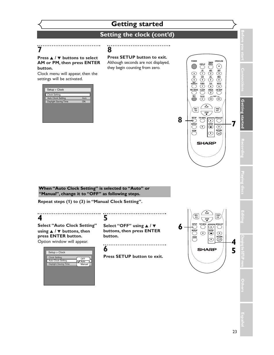 Getting started, Setting the clock (cont’d), Press setup button to exit | Sharp DV-SR45U User Manual | Page 23 / 102