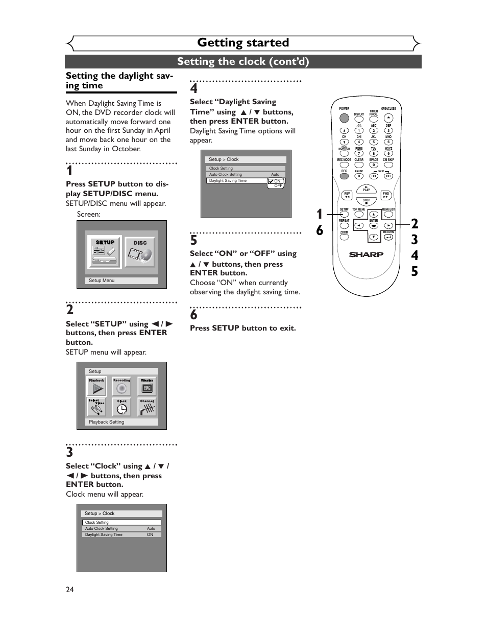 Getting started, Setting the clock (cont’d), Setting the daylight sav- ing time | Press setup button to exit | Sharp DV-SR45U User Manual | Page 24 / 102