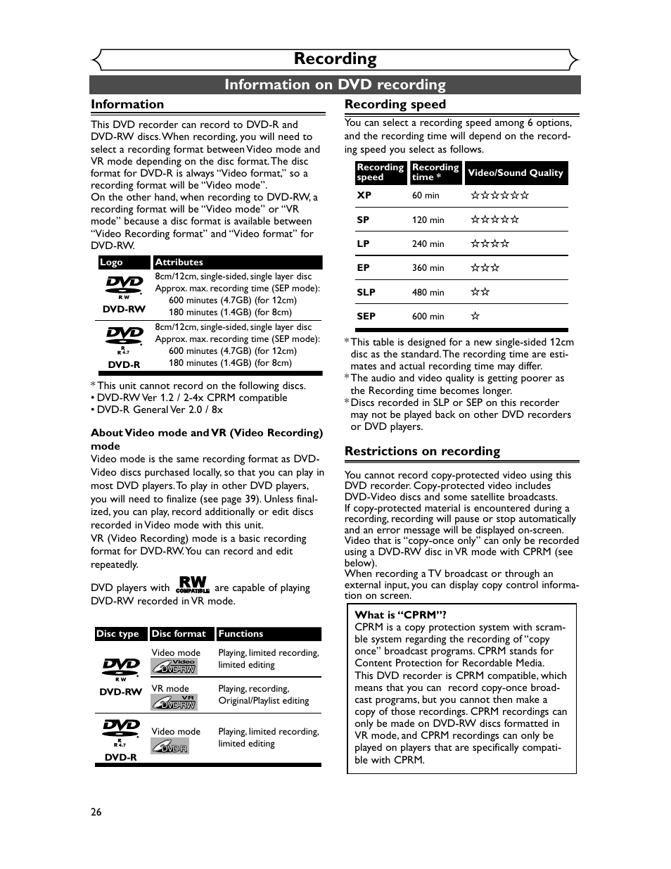 Recording, Information on dvd recording, Information | Recording speed, Restrictions on recording | Sharp DV-SR45U User Manual | Page 26 / 102