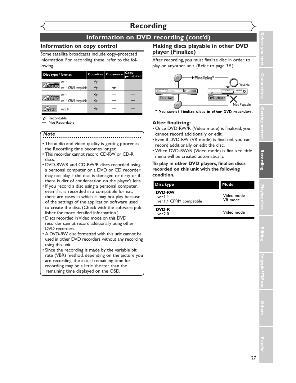 Recording, Information on dvd recording (cont’d), Information on copy control | Sharp DV-SR45U User Manual | Page 27 / 102