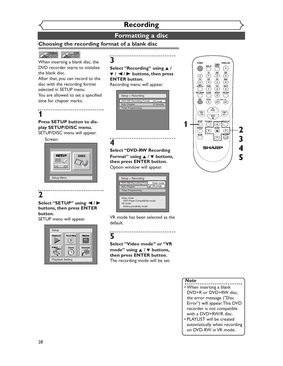 Recording, Formatting a disc, Choosing the recording format of a blank disc | Sharp DV-SR45U User Manual | Page 28 / 102