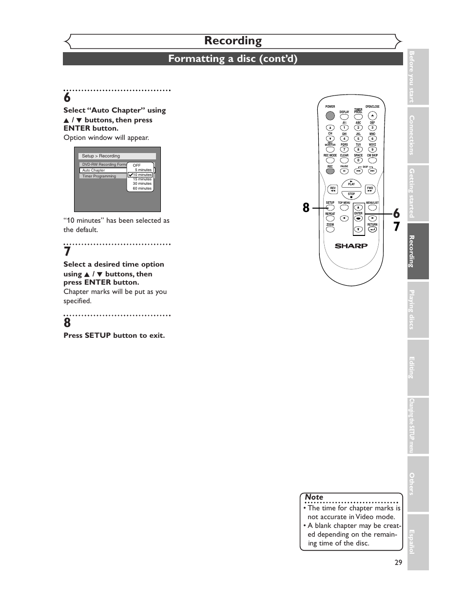 Recording, Formatting a disc (cont’d), Press setup button to exit | Sharp DV-SR45U User Manual | Page 29 / 102